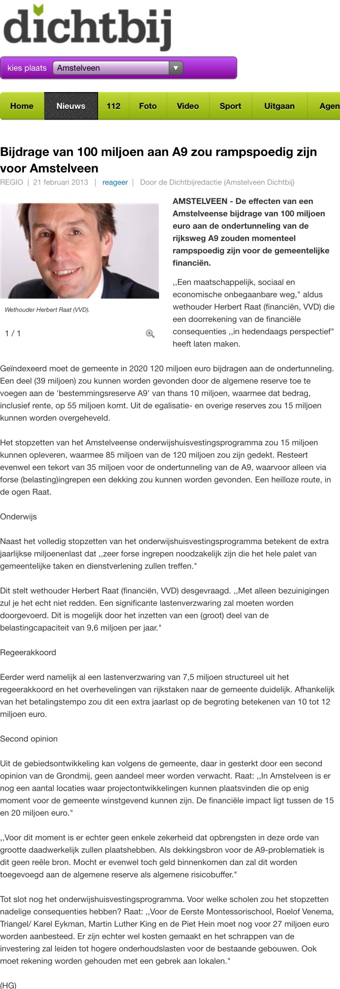 2013-21-2 AmstelveenDichtbij door Henk Godthelp: wethouder Herbert Raat over de keerzijde van doorgaan met tunnelplan A9