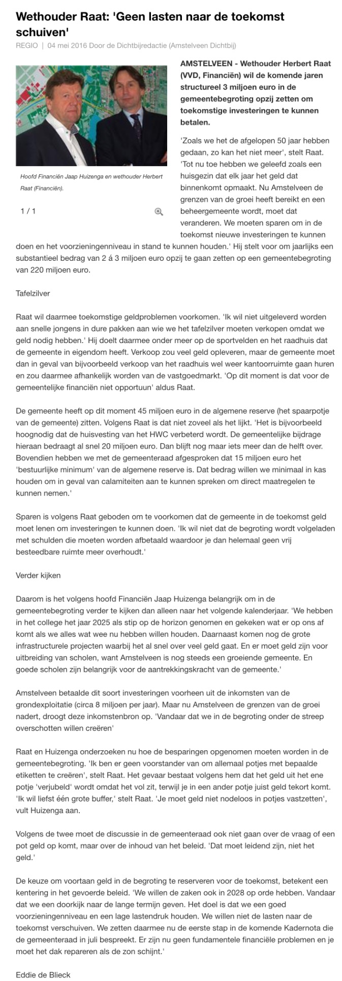 2016-4 mei interview AmstelveenDichtbij over financiën 