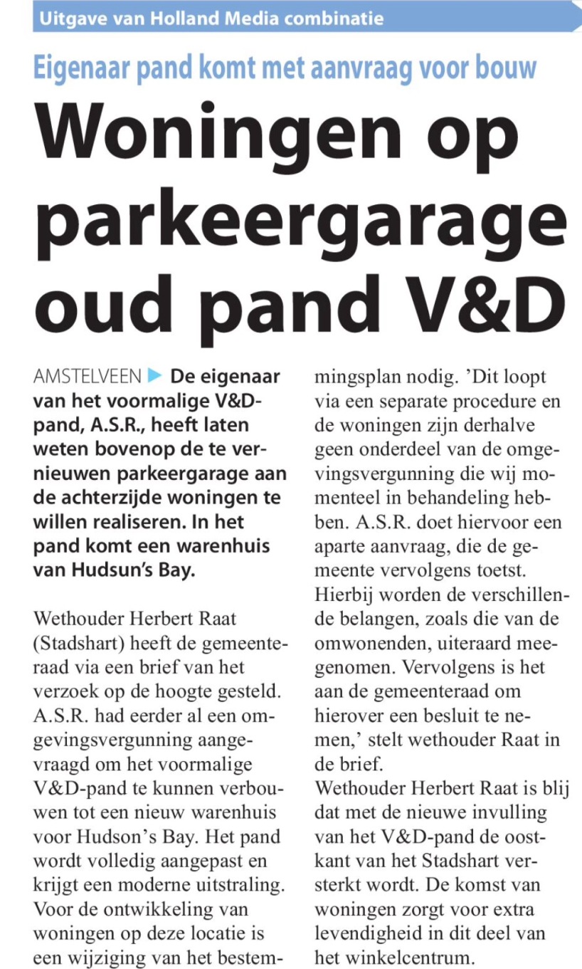 2016-26-6 voorpagina Amstelveens Nieuwsblad; Wethouder Herbert Raat over woningen op garage V&D