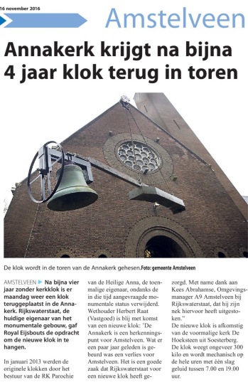 2016-16-11 Amstelveens Nieuwsblad; wethouder Herbert Raat over klok terug in de Annakerk