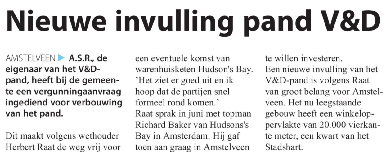 2016-28-9 Amstelveens Nieuwsblad; wethouder Herbert Raat over Hudsons's Bay in Amstelveen