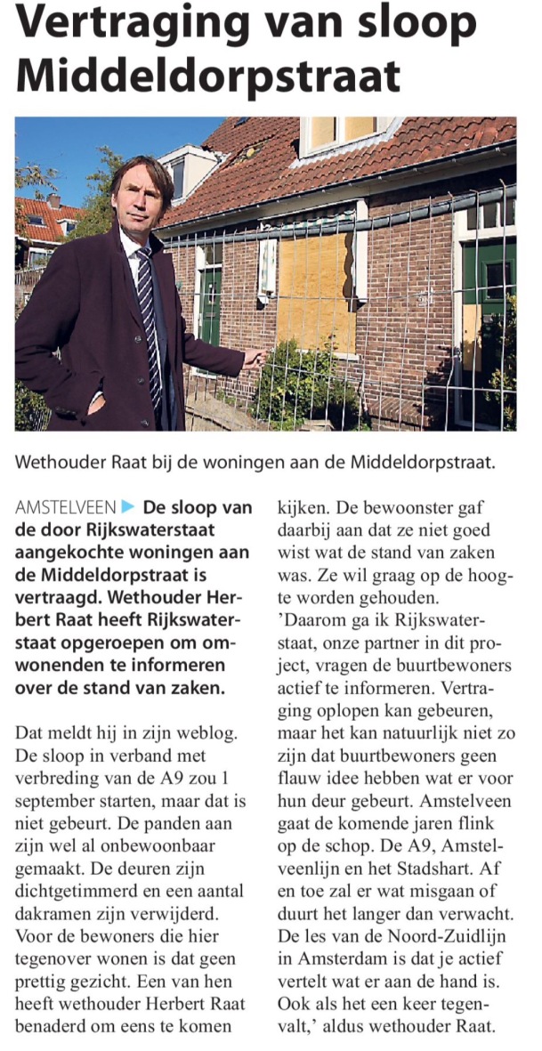 2016-12-10 Amstelveens Nieuwsblad; Herbert Raat over sloop woningen Middeldorpstraat