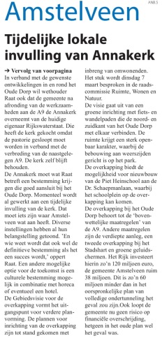 2017-22-2 Amstelveens Nieuwsblad Herbert Raat over invulling ANNAkerk en overkapping A9 Oude Dorp