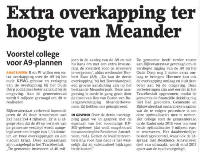 7-21-6 Amstelveens Nieuwsblad over extra overkapping bij Meander A9 Amstelveen