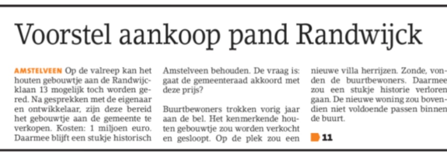 2018-24-1 Amstelveens Nieuwsblad: Herbert Raat over aankoop Randwijcklaan 13