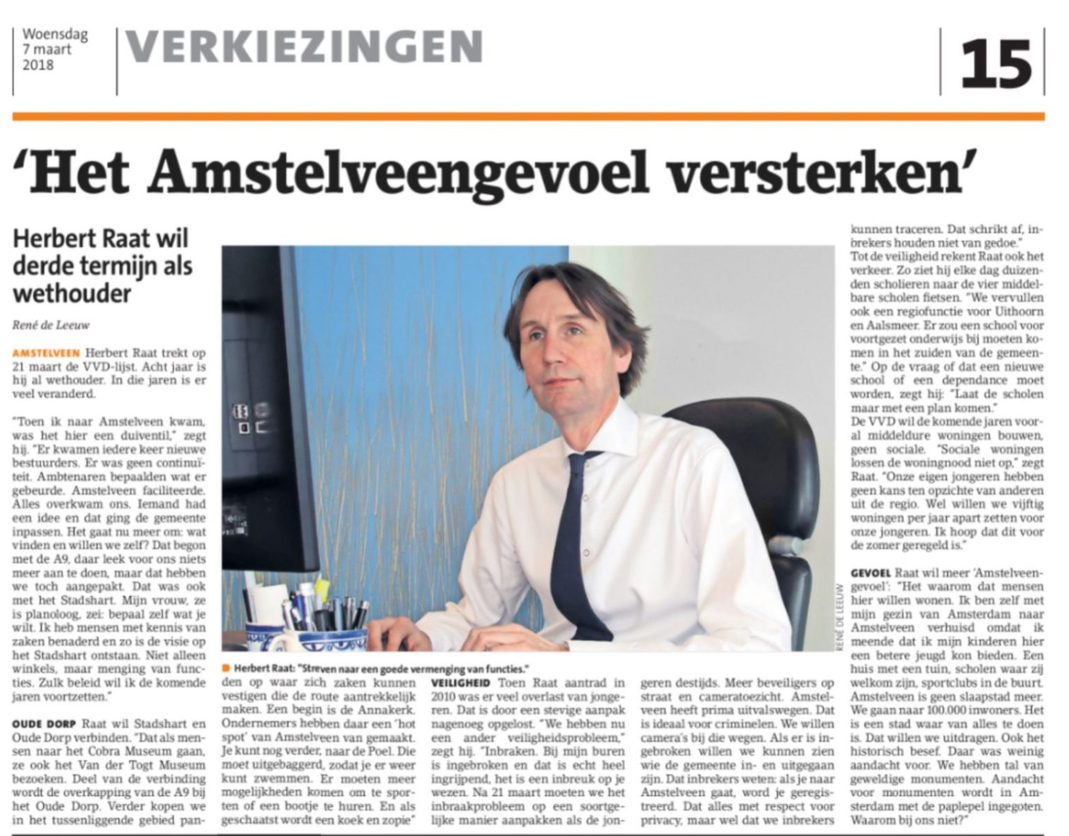 2018-7-3 Amstelveens Nieuwsblad interview lijstrekker VVD Amstelveen Herbert Raat over het Amstelveengevoel, Annakerk, aanpak inbraken en nog veel meer