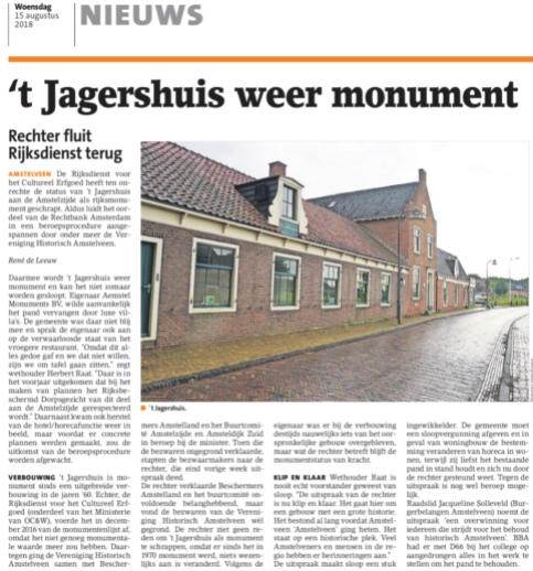 2018-14-8 Amstelveens Nieuwsblad; wethouder Herbert Raat over monument 't Jagershuis