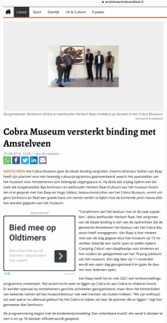 2018-25-9 Amstelveens Nieuwsblad: wethouder Herbert Raat over de versterking van de lokale binding van het Cobramuseum