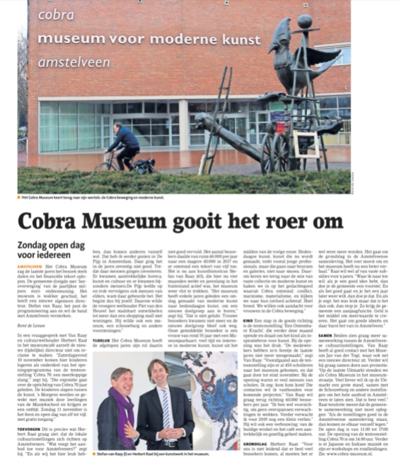 2018-7-11 Amstelveens Nieuwsblad interview Stefan van Raay en Herbert Raat over toekomst Cobramuseum