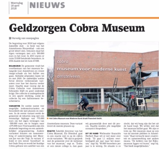 2018-18-4 Voorpagina Amstelveens Nieuwsblad; wethouder Herbert Raat over financien van het Cobra museum 2-2