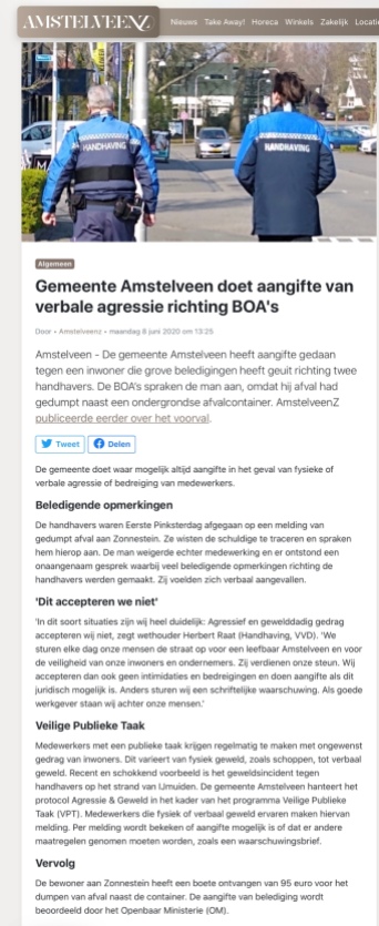 8-6-2020: AmstelveenZ; Herbert Raat over aangifte tegen personen die de mensen van handhaving intimideren