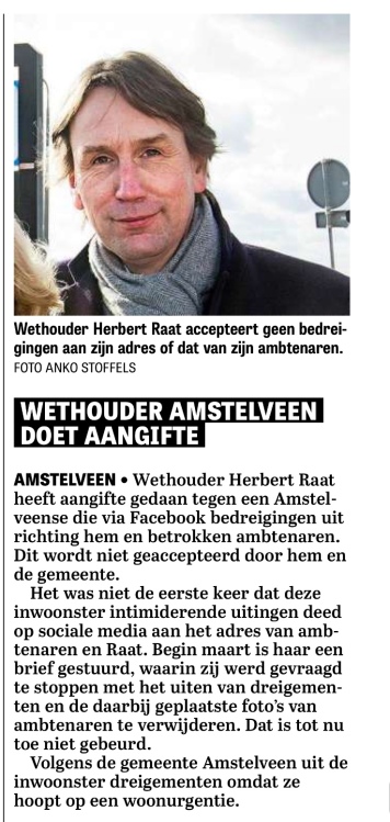 2018-31-8 De Telegraaf over aangifte wethouder Herbert Raat Amstelveen