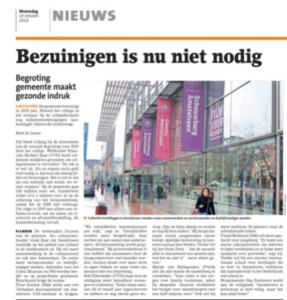 2018-10-10 Het Amstelveens Nieuwsblad: Herbert Raat over begroting Amstelveen 2019