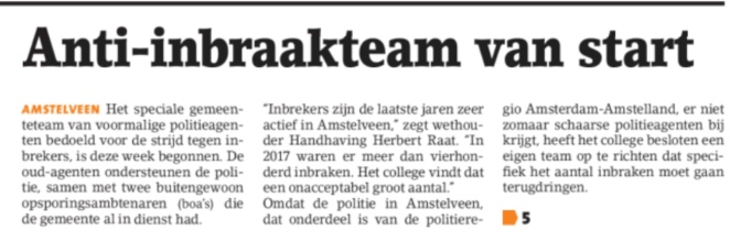 2019-17-4 Het Amstelveens Nieuwsblad wethouder Herbert Raat en burgemeester Bas Eenhoorn over inbrakenteam 1 van 2