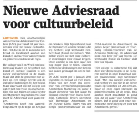 2019-Het Amstelveens Nieuwsblad: Herbert Raat over Amstelveense Adviesraad voor cultuurbeleid.