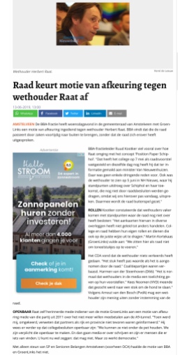 2019-13-6 Amstelveens Nieuwsblad site over de verworpen motie van afkeuring van Ruud Kootker BBa en Groen Links tegen wethouder Herbert Raat over Schiphol