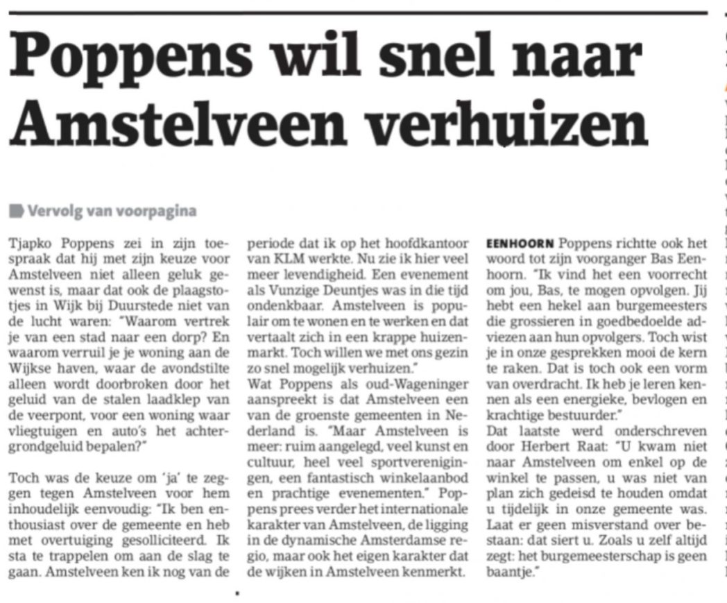 2019-29-5 Amstelveens Nieuwsblad: Herbert Raat en Tjapko Poppens over burgemeester Bas Eenhoorn