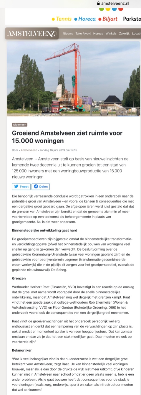 2019-19-6; Amstelveens Nieuwsblad; Herbert Raat en Floor Gordon over de groei van Amstelveen en de perspectiefnota 2020