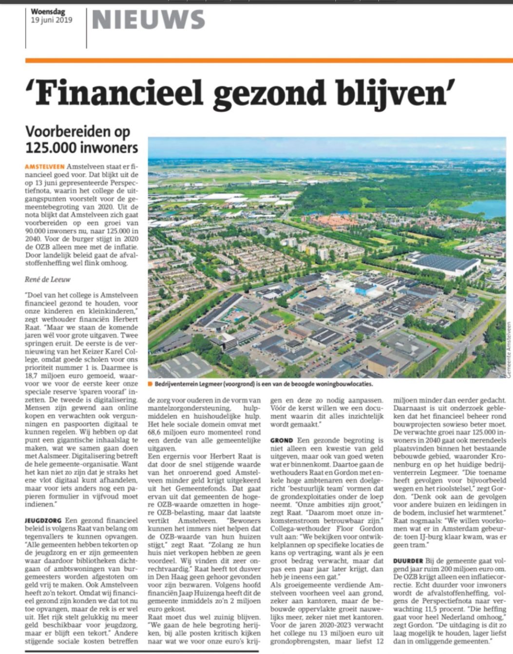 2019-19-6; Amstelveens Nieuwsblad; Herbert Raat en Floor Gordon over de grenzen aan de groei van Amstelveen en de perspectiefnota 2020