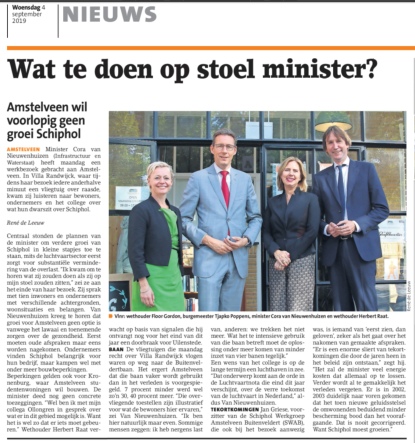 2019-4-9; Amstelveens Nieuwsblad; Herbert Raat, Floor Gordon, Tjapko Poppens en Cora van Nieuwenhuizen gesprek Schiphol