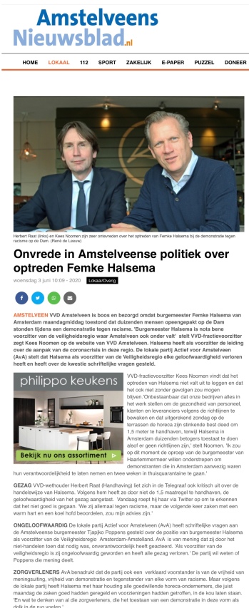 3-6-2020: Amstelveens Nieuwsblad; kritiek Kees Noomen en Herbert Raat over optreden burgemeester Femke Halsema tijdens demonstratie op de Dam