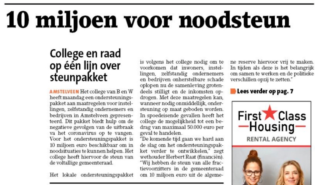 1-4-2020: Amstelveens Nieuwsblad; Herbert Raat over fonds voor inwoners, ondernemers en instellingen Amstelveen vanwege Corona 1 van 2