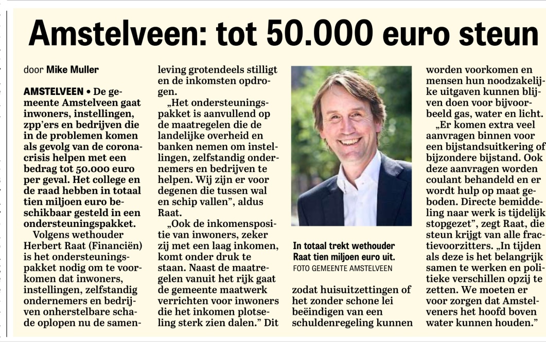 31-3-2020:De Telegraaf: Herbert Raat over fonds Amstelveen voor inwoners, ondernemers en instellingen vanwege Corona 1 van 2