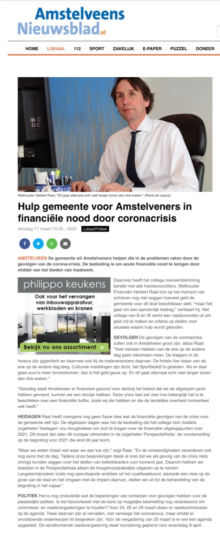 1-4-2020: Amstelveens Nieuwsblad-site; Herbert Raat over fonds Amstelveen vanwege Corona