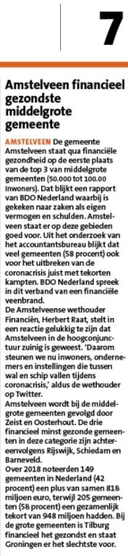 22-4-2020; Amstelveens Nieuwsblad-site; Herbert Raat over gezonde financiele positie Amstelveen