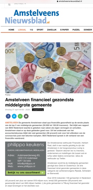 21-4-2020; Amstelveens Nieuwsblad-site; Herbert Raat over gezonde financiele positie Amstelveen