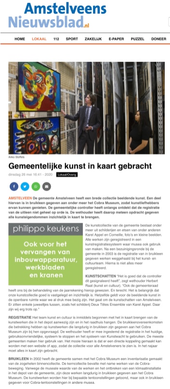 26-5-2020; Amstelveens Nieuwsblad; Herbert Raat over het in kaart brengen van de Amstelveense kunst