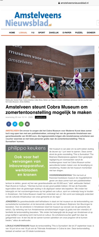 20-5-2020; Amstelveens Nieuwsblad: Herbert Raat over steun Cobramuseum onder voorwaarde dat jongeren gratis naar binnen mogen.