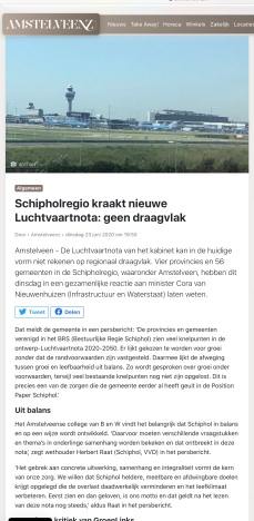 23-6-2020; Amstelveenz; reactie BRS Schipholregio en Herbert Raat en de marginale positie van Groen Links in Amstelveen en de Luchtvaartnota 1 van 2