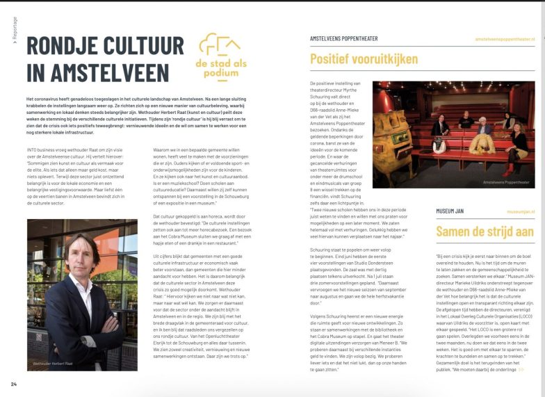 2020-juli; INTO business: Herbert Raat op bezoek met D66 raadslid Anne-Mieke van der Vet op bezoek bij directeur Myrthe Schuuring van het Amstelveens Poppentheater 1 van 3