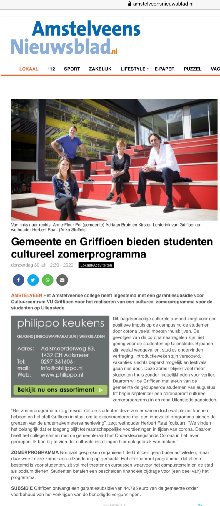2020-Amstelveens Nieuwsblad: Steun voor een cultureel zomerprogramma voor het Griffioen Uilenstede- Anne Fleur Pel, Adriaan Bruin, Kirsten Lenferink en Herbert Raat