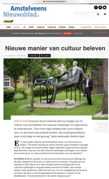15-7-2020; Het Amstelveens Nieuwsblad; digitale versie 1 van 2: interview wethouder Herbert Raat door Naomi Heidinga de toekomst van kunst en cultuur in Amstelveen
