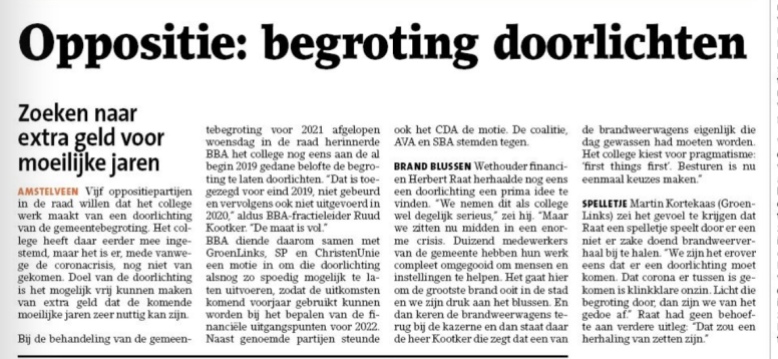 18-11-2020; Amstelveens Nieuwsblad; Wethouder Herbert Raat VVD in discussie met Ruud Kootker van BBA over waarom je tijdens een crisis andere prioriteiten belangrijk zijn