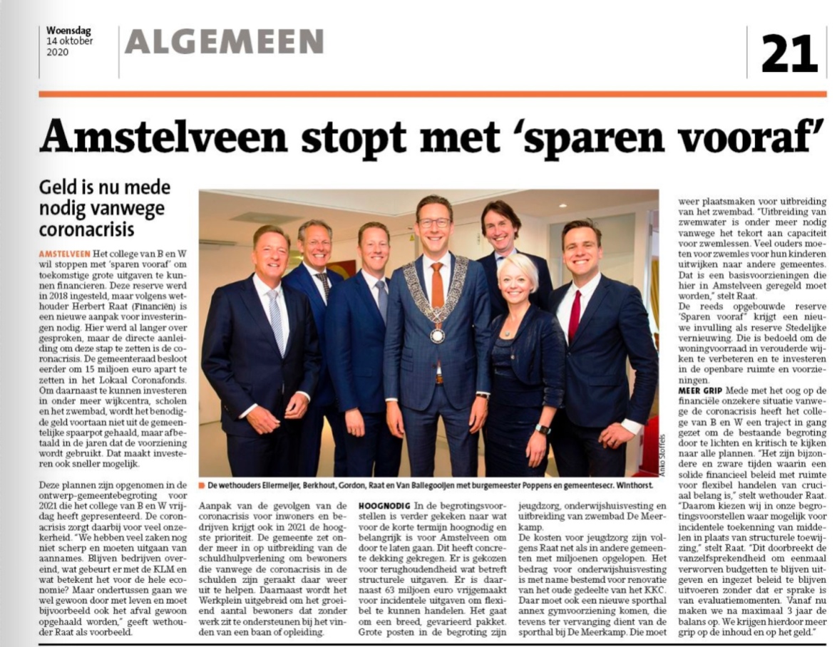 14-10-2020; Amstelveens Nieuwsblad; Herbert Raat over begroting 2021 Amstelveen en de invloed van corona