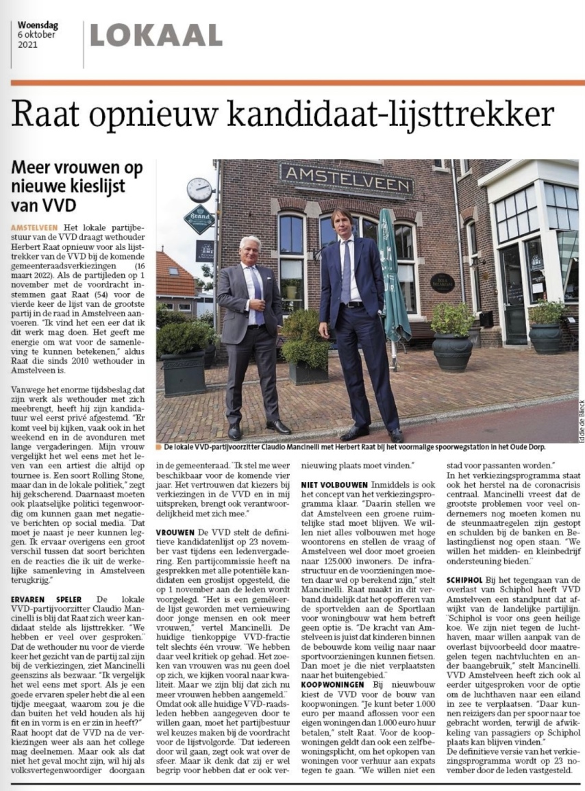 6-10-2021-Amstelveens Nieuwsblad Claudio Mancinelli em Herbert Raat over lijstrekkerschap VVD Amstelveen