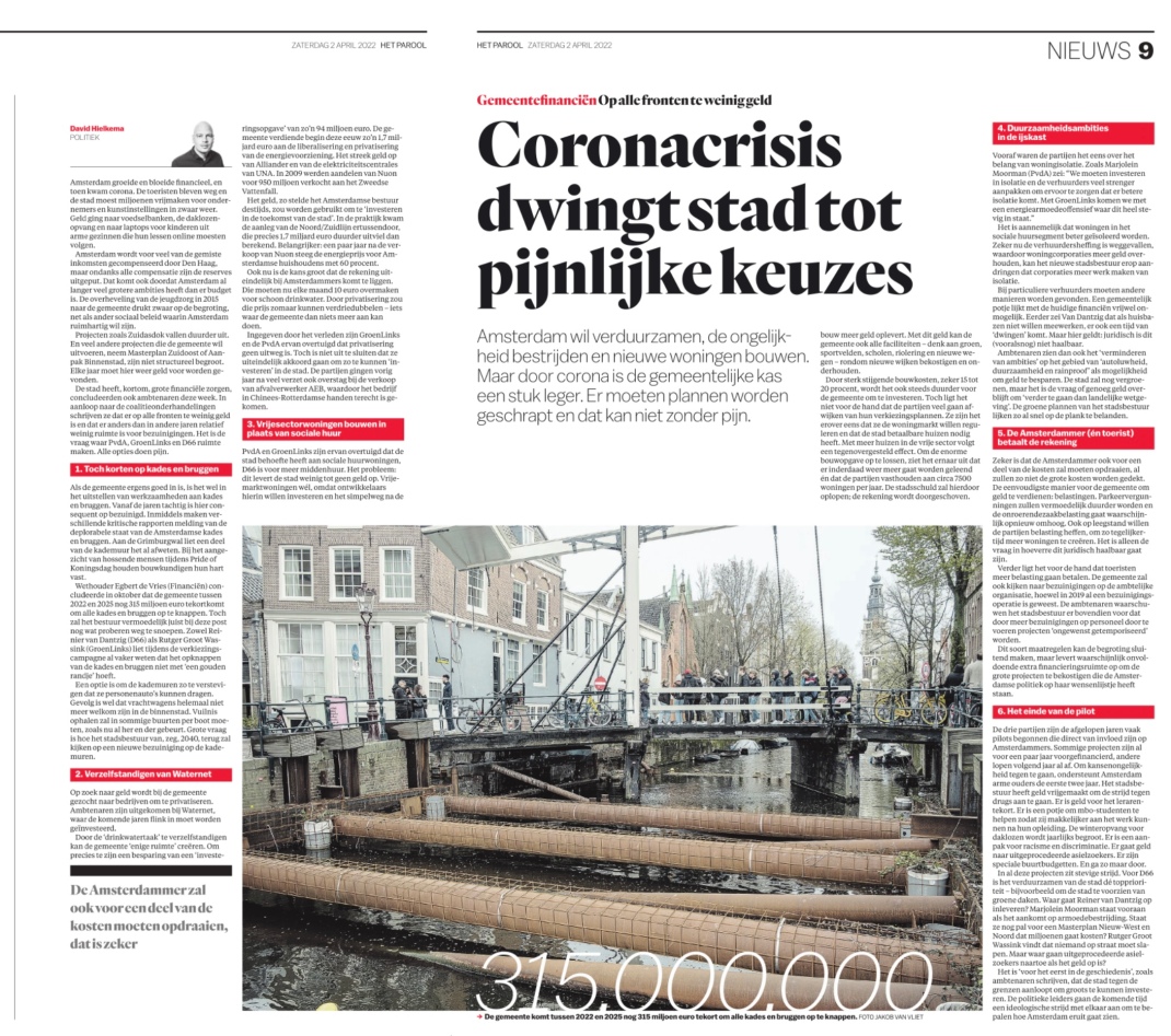 2-4-2022: Analyse Parool over de financiële situatie Amsterdam en waarom uitstellen van onderhoud niet goed is. Door David Hielkema