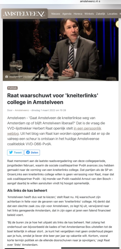 1-3-2022: Amstelveenz; Herbert Raat VVD: waarom een links bestuur niet verstandig is in Amstelveen
