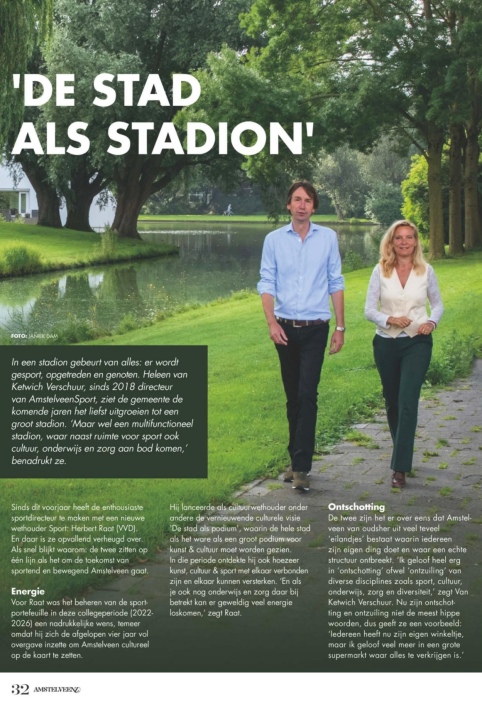 2022-september: interview Amstelveenz over sport Amstelveen: de stad als stadion wethouder Herbert Raat en Heleen Ketwich Verschuur directeur AmstelveenSport 1 van 2